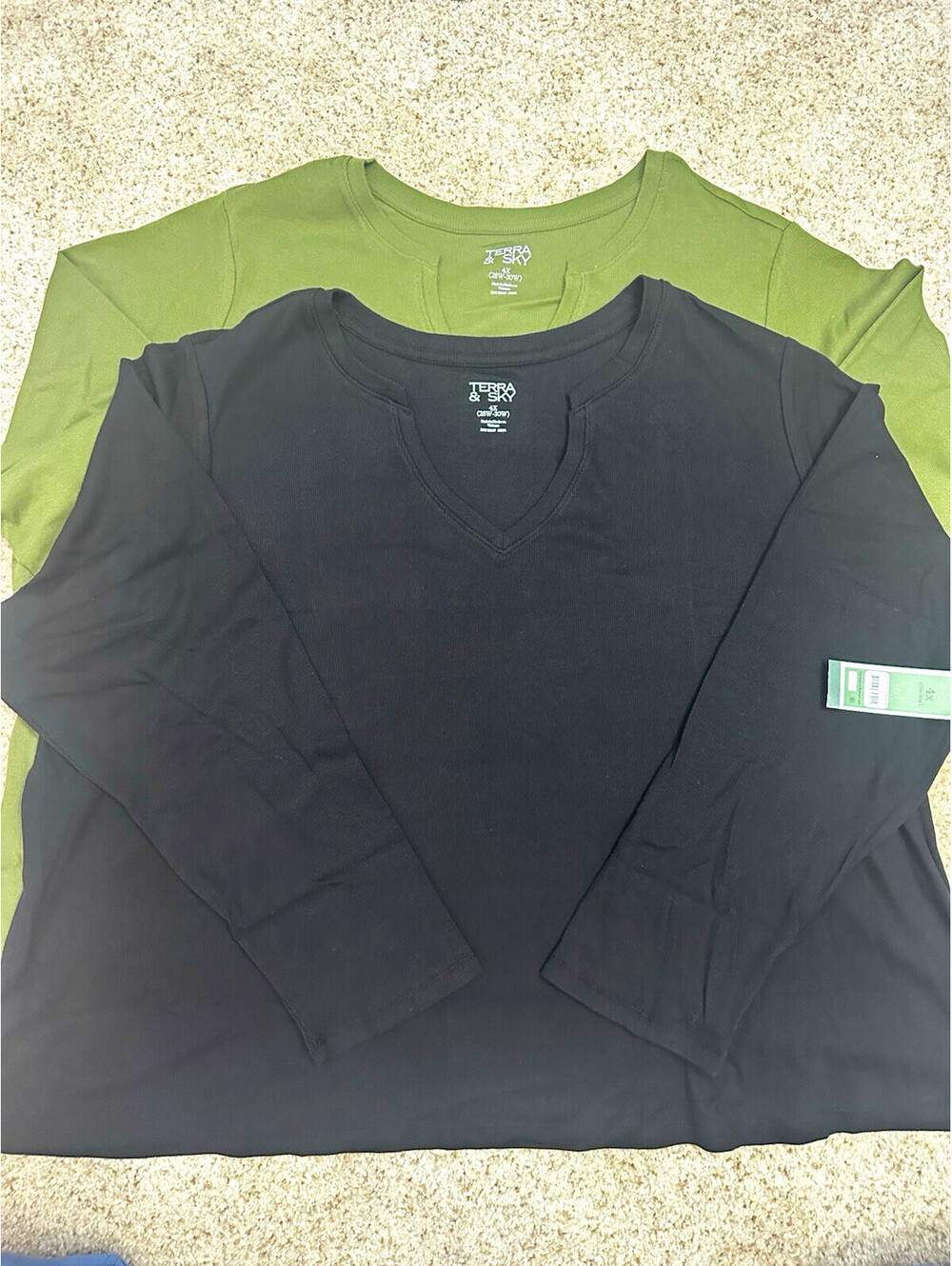 Terra & Sky Womens Plus 4X 2-Pack Ribbed Cotton Notch V-Neck Tee Black/Green